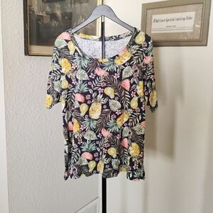 J Jill Top Women's Size Large Tropical Fruit Pima Scoop Neck Elbow Sleeve Tee